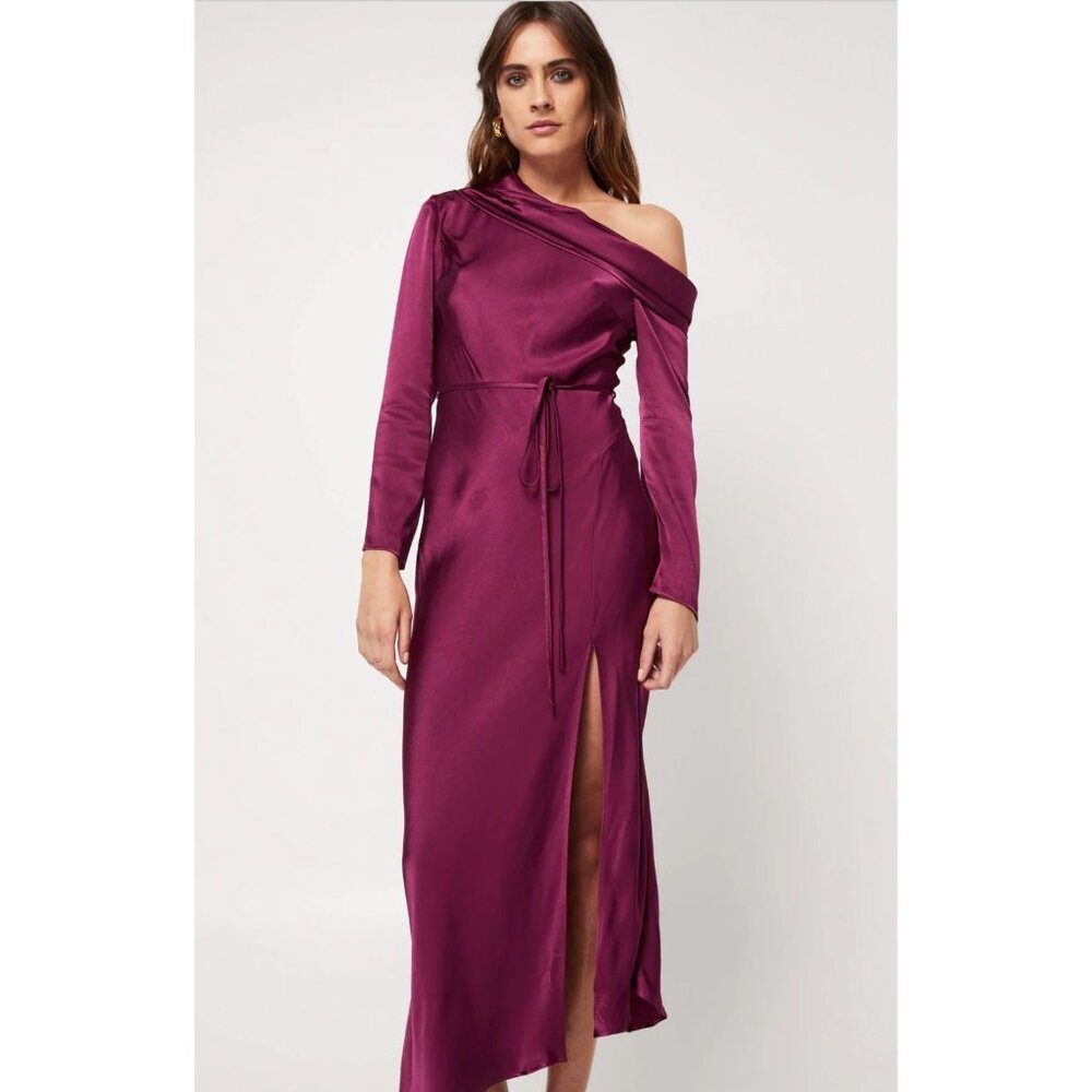 Mossman Motion Burgundy Satin One Shoulder Maxi Dress Cowl Asymmetrical Hem 4
